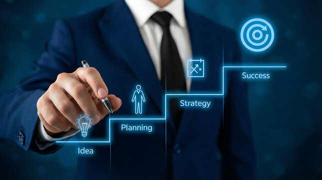 Businessman drawing a step by step growth chart with idea planning strategy and success icons representing business development process and professional achievement milestones