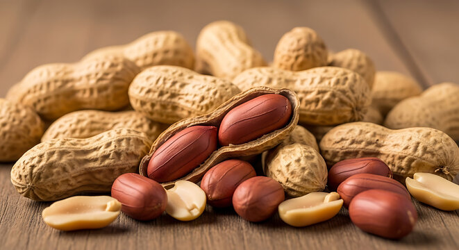 Close-up of raw peanuts: whole, shelled, and split, on a warm wooden surface