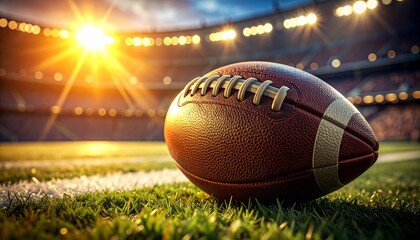 Close up of American football leather ball on green grass turf with bright stadium lights and lens flare background. Professional sport equipment detail.