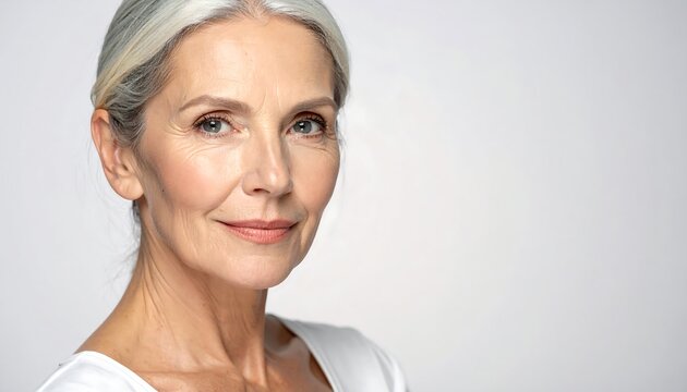 Elegant mature woman with silver hair looking at camera.