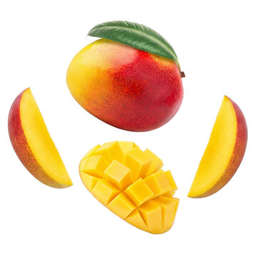 whole ripe mango with leaf, showcasing its fiery red and golden yellow skin, alongside diced flesh and two slices on black.