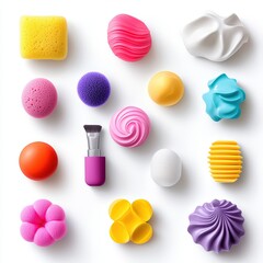 Obraz premium A creative composition of isolated beauty accessories like sponges, brushes, and applicators arranged in an artistic pattern against a white background. The vibrant colors and varied textures of the