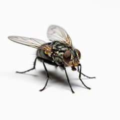 Fototapeta premium Detailed Close-Up of a Common House Fly on White Background.
