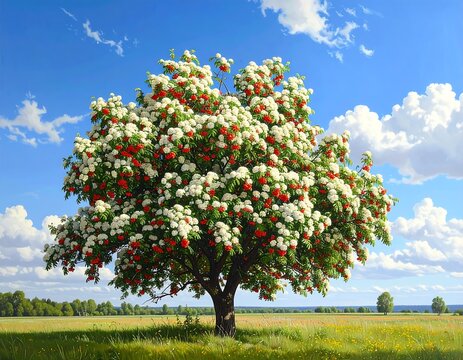 Rowan Tree in Full Bloom Against a Blue Sky.