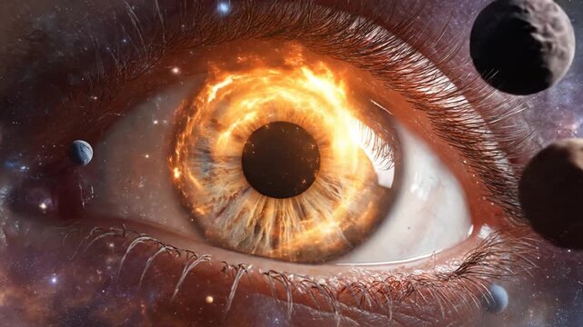Close-up of a human eye with the iris revealing fiery galaxy. Eyelashes and surrounding skin visible. Background stars
