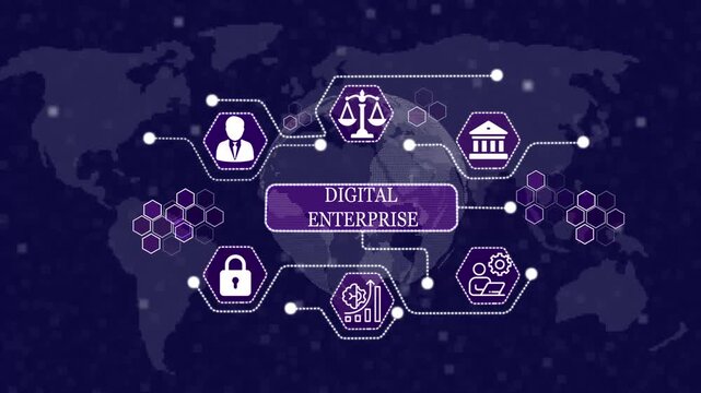Digital Enterprise Network with Global Connections and Icons concept . Abstract technology symbols on a map background.