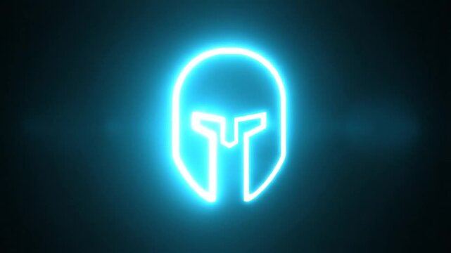 Glowing neon helmet on a black backdrop. The bright blue lines define its distinctive shape