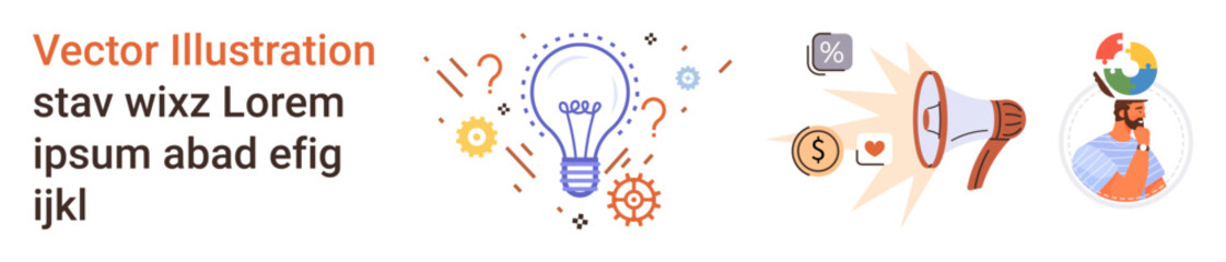 Creativity, innovation, marketing, global reach, communication, entrepreneurship. Light bulb with gears and question marks, megaphone with icons and a person connected to a globe. Creativity
