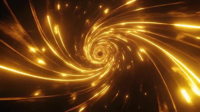 Quantum inspired light formations in radiant gold and amber swirl through infinite darkness. Neon luminescence, dynamic motion, and advanced visual effects create a futuristic digital atmosphere. 