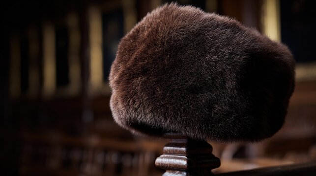bearskin. Deep brown bearskin ushanka hat resting on a dark wooden coat rack. wildlife magazines, conservation campaigns, designed for wildlife conservation campaigns and eco-tourism storytelling.