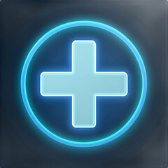 Futuristic neon plus sign emitting electric blue glow, floating on dark background.