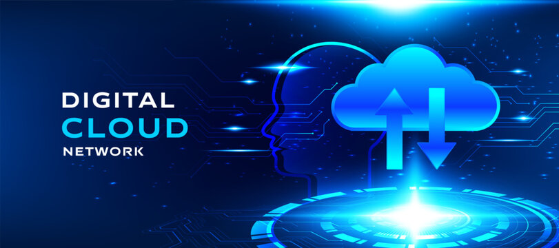 Digital cloud network technology with data upload and download icons, modern cloud computing and network connectivity concept. Abstract futuristic cloud data transfer background, vector design