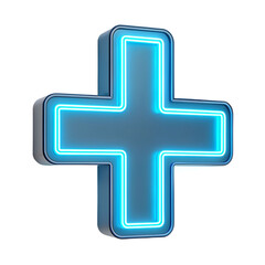 Fototapeta premium Futuristic neon plus sign emitting electric blue glow, floating on dark background.