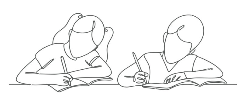 Continuous line drawing of two children sitting at a desk and writing in notebooks, education and back to school concept