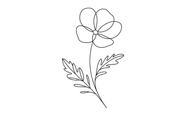 Minimalist One Line Drawing of a Poppy Flower with Leaves, Elegant Botanical Illustration Vector Art