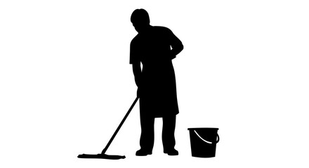 Silhouette of a person cleaning with a mop and bucket on a white background representing household chores and cleaning concepts