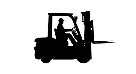 Silhouette of a worker operating a forklift in a warehouse setting with industrial equipment