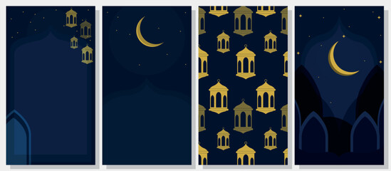 Ramadan Abstract Vector Background Set with Crescent Moon and Lantern Pattern