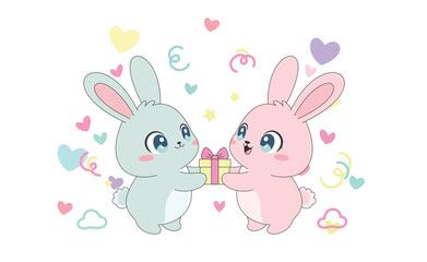 Cute Valentine Rabbit Couple Exchanging Gifts Vector Illustration
