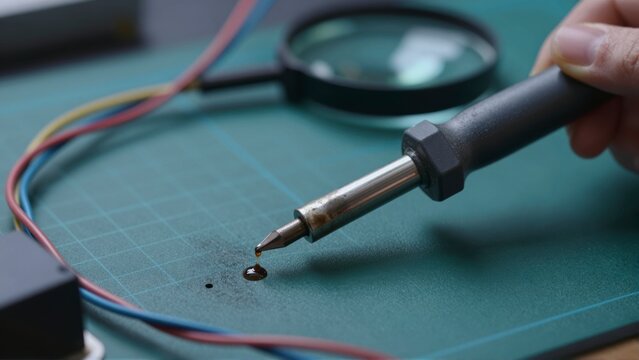 Hand holding soldering iron with drop of solder on a grid surface near wires