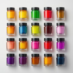 An artistic composition of isolated nail polish bottles in a rainbow of colors, arranged in a circular pattern on a white background. Each bottle is sharply focused, emphasizing its vibrant color and