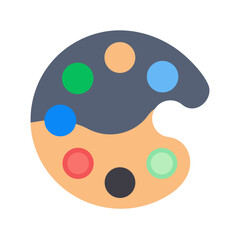 Vibrant artist color palette icon, flat design, representing creativity and design, solid multicolor flat tones on white background.