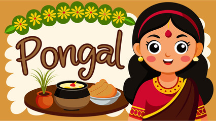 Pongal festival banner, South Indian woman in traditional saree preparing dish, warm cozy colors, elegant typography.