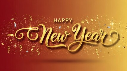 A festive, golden and red banner with the words 'Happy New Year' and confetti, set against a gradient background.