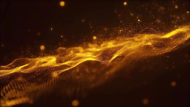 Liquid light in amber and gold tones cascades through darkness, forming futuristic wave patterns. Glowing particles spark and dissolve