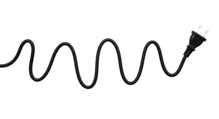 Black electric cable with plug isolated on transparent background