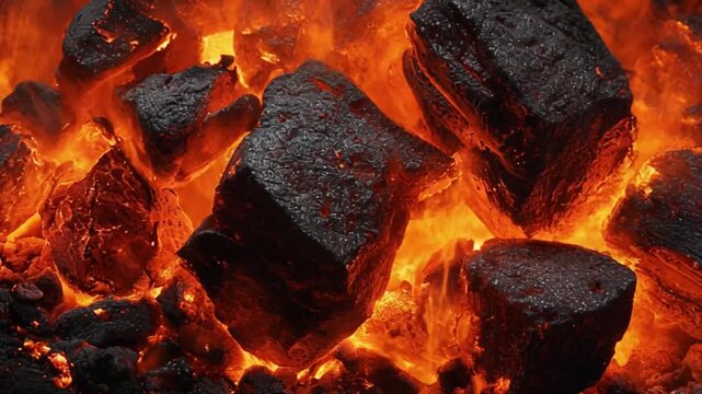 Close-up of burning coal embers, showing glowing orange flames around dark, textured charcoal pieces