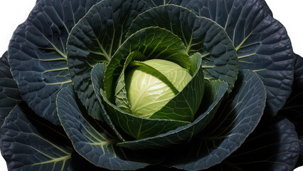 Obraz premium A close-up view of a vibrant green cabbage with dark leaves on a black background