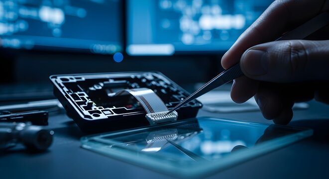 Expert hand precisely assembling a delicate electronic component with tweezers on a circuit board, highlighting advanced technology manufacturing and intricate hardware engineering in a modern lab
