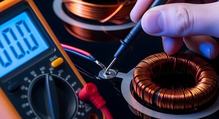Skilled hands perform accurate electrical checks on a digital multimeter, measuring copper coils for electronic device manufacturing and development