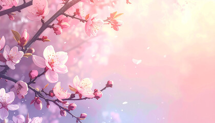 Fototapeta premium Close-up of delicate pink cherry blossoms on a branch with a soft, dreamy, and ethereal background, bathed in warm, glowing light.