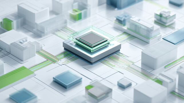 a high-end 3D illustration of a central ESG microchip integrated into a futuristic white miniature city, representing eco-friendly low-power semiconductor technology and sustainable innovation.