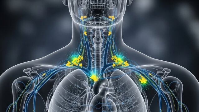 A transparent human body with highlighted lymph nodes on the neck and shoulders.