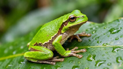 Naklejka premium Tree frog on wet leaf