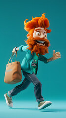3d Cartoon Character A bearded man running while holding a bag
