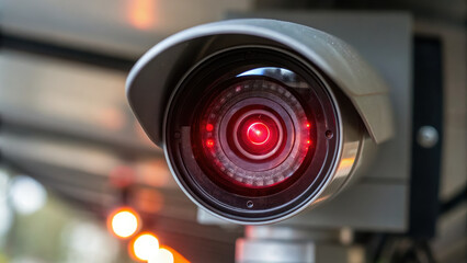 Security camera surveillance lens red light new world order technology outdoor protection safety monitoring closeup focus