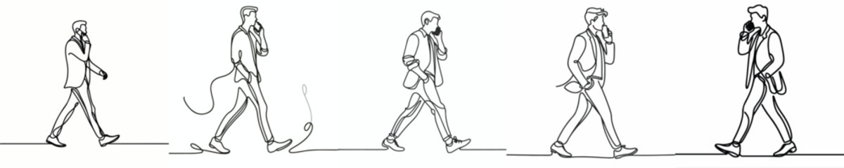 Fototapeta premium line art of a man walking while talking on the phone