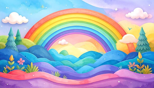 Vibrant Rainbow Landscape - A Colorful Cartoon Illustration.