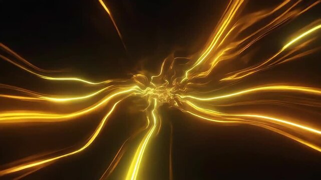 Neon infused light currents flow at hyperspeed, blending gold, yellow, and bronze hues over a pitch-black backdrop. Futuristic energy pulses and luminous gradients create a sci fi cinematic experience