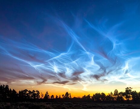 Noctilucent Clouds Display Over Forest at Sunset.