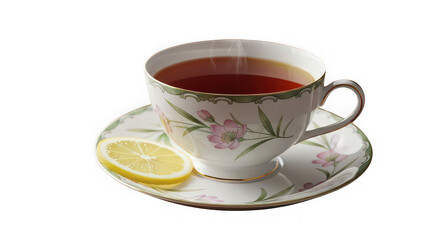 Obraz premium A delicate floral tea cup with a slice of lemon on a matching saucer against a black background
