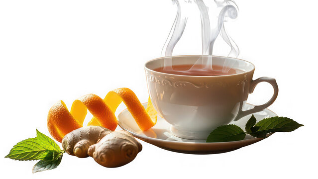 A steaming cup of tea with ginger and orange slices on a black background