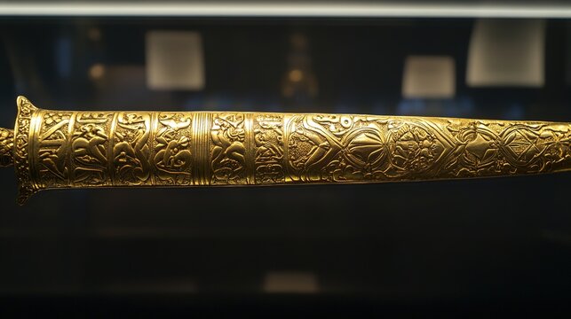 glaive. A ceremonial gilded glaive with carved shaft displayed in a museum. event programs, museum guides, designed for cultural heritage projects and event programs, preserves heritage.