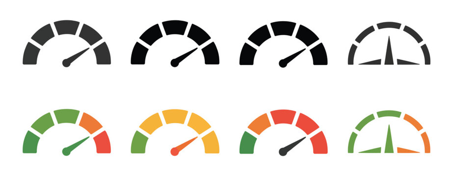 Speedometer icon, vector set of gauges from low to high, risk meter symbols, performance and measurement concept illustration.