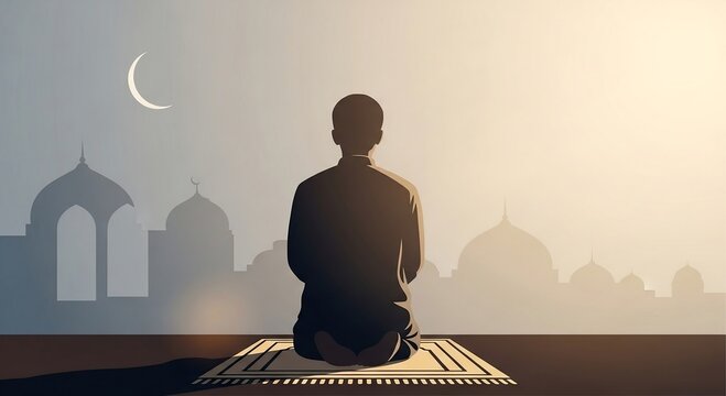 Minimalist flat vector illustration of a man praying with mosque silhouette and crescent moon, Ramadan greeting background, generative AI