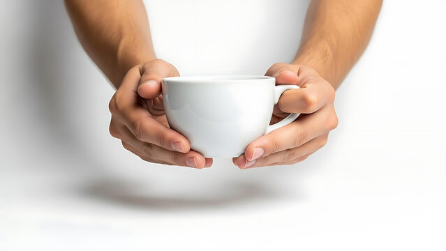 Hands holding a plain white ceramic coffee mug or tea cup against a white background, morning coffee ritual, simple minimalist concept, hot beverage, ceramic drinkware, handle detail, cozy lifestyle, 